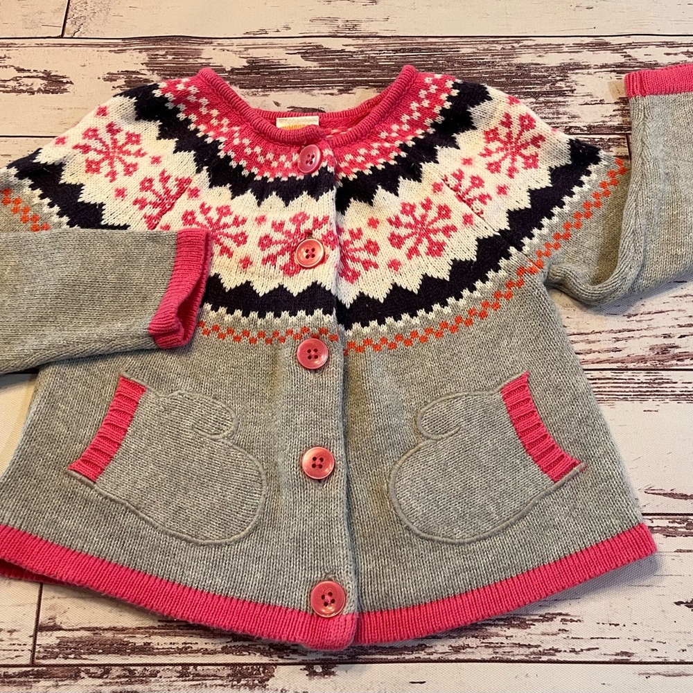 Gymboree Fair Isle Sweater Cardigan Girl’s 12-18 Months Gray Pink Navy White